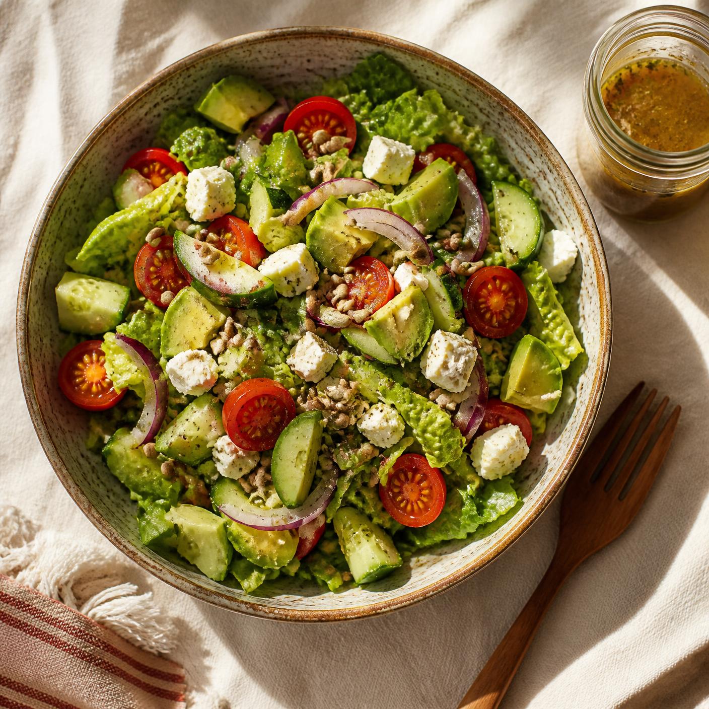 A generous bowl of colorful salad with tomatoes, avocado, cucumber and feta
